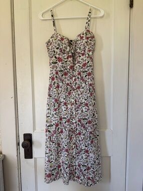 Floral Tie-Front Spaghetti Strap Midi Dress - White with Pink Floral
